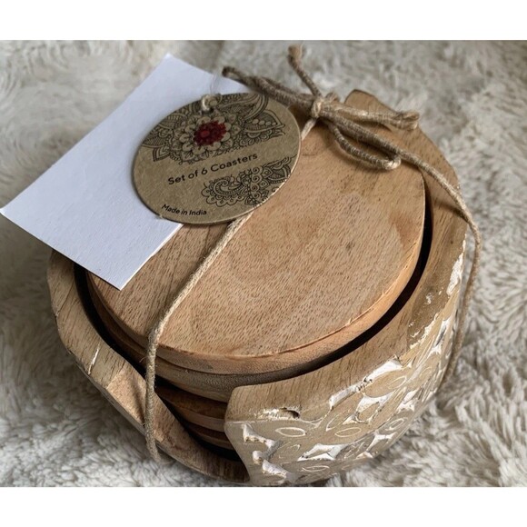 Unbranded Other - Hand Carved Wooden 6 Piece Coaster Set Made In India